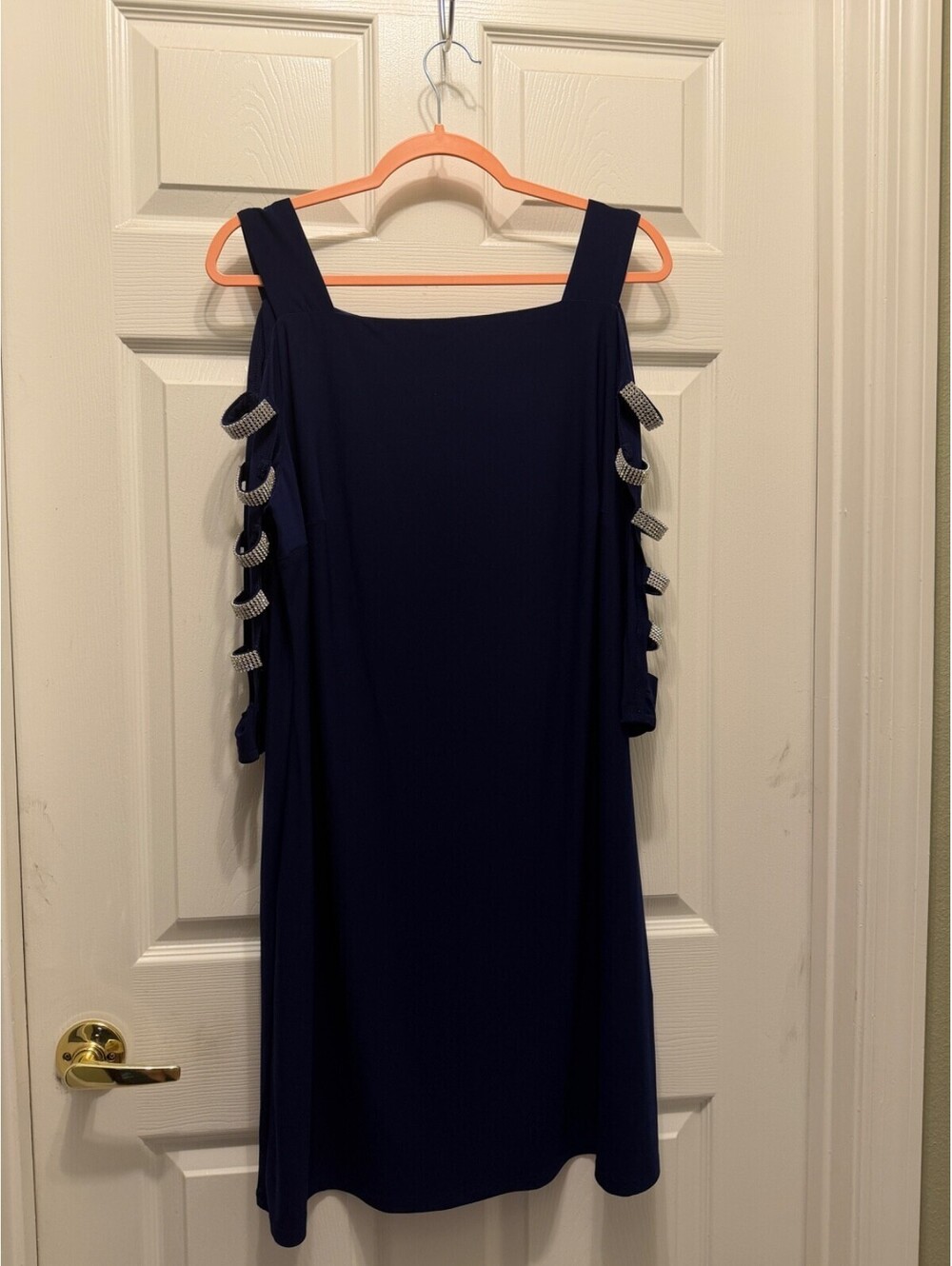 Roz & Ali Navy Cold Shoulder Rhinestone Ladder Sleeve Shift Dress XL